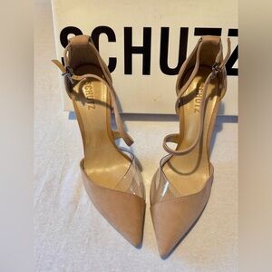 SCHUTZ W 8.5 Schutz Cendi Pump Honey Beige Leather Clear Plastic High Heel Shoes